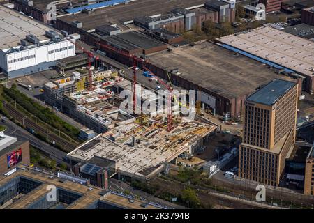 Vue aérienne, centre d'exposition Kölnmesse avec chantier et nouvelle salle Confex, Deutz, Cologne, Rhénanie-du-Nord-Westphalie, Germa Banque D'Images