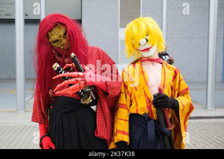 Les cojoueurs posent lors du salon 'Japan Weekend Madrid 2022' à l'IFEMA de Madrid. Le week-end du Japon est le plus grand événement culturel pop d'Espagne, offrant une grande variété d'activités qui rapprochent le public de la culture japonaise et orientale. Pendant les jours de la foire, vous pouvez également profiter de concerts de groupes KPOP, JPOP ou MPOP, ainsi que de concours de cosplay de différentes catégories. Banque D'Images