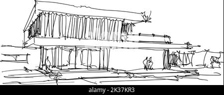 croquis architecturaux dessinés à la main d'une maison individuelle moderne de deux étages avec toit plat et personnes autour Banque D'Images