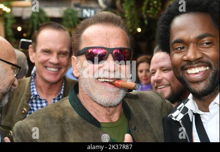 Munich, Allemagne. 25th septembre 2022. L'acteur Arnold Schwarzenegger (l) se présente avec l'acteur Milan carter( r) m Käfer Festzelt à l'Oktoberfest de Munich. La Wiesn se déroule de 17 septembre à 3 octobre 2022. Credit: Felix Hörhager/dpa/Alay Live News Banque D'Images