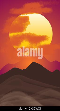 Concept abstrait lever du soleil et chaîne de montagnes vagues paysage style japonais. Coucher de soleil rouge, design coloré, nuages rouges dans le ciel, illustration de dessin animé Banque D'Images