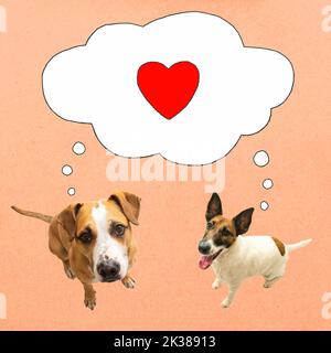 Deux chiens drôles regardant la caméra avec la bulle de la parole et le signe de l'amour, arrière-plan texturé rouge. Collage numérique d'animaux de compagnie amoureux, concept de Saint-Valentin, mu Banque D'Images