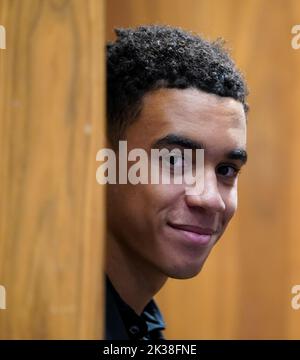 Jamal Musiala en Allemagne lors d'une conférence de presse au stade Wembley, Londres. Date de la photo: Dimanche 25 septembre 2022. Banque D'Images