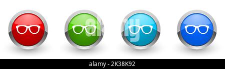 Icônes de Web de lunettes, ensemble de boutons ronds métalliques argentés isolés sur fond blanc Banque D'Images