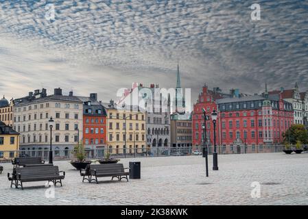 Vue sur la ville et les façades de maisons du centre de Stockholm Suède Banque D'Images