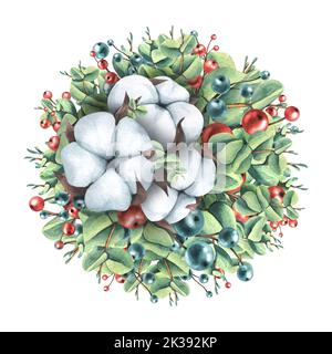 Composition de Noël de branches d'eucalyptus, avec coton et baies. Illustration aquarelle d'un grand ensemble d'HIVER CONFORTABLE. Pour la décoration et Banque D'Images