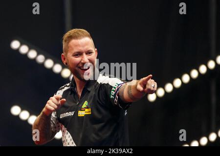 Dutch Danny Noppert photographié pendant la troisième journée de l'Open des fléchettes belges, dimanche 25 septembre 2022 à Wieze, un tournoi de la tournée européenne qui a lieu de 23 septembre à 25 septembre. PHOTO DE BELGA JEF MATTSEE Banque D'Images