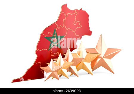 Carte marocaine avec cinq étoiles. Classification, qualité, service au Maroc. 3D rendu isolé sur fond blanc Banque D'Images