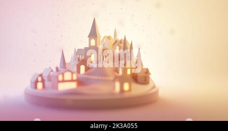 Un village de noël d'hiver avec des bâtiments et des chutes de neige. Illustration de l'arrière-plan des fêtes 3D. Banque D'Images