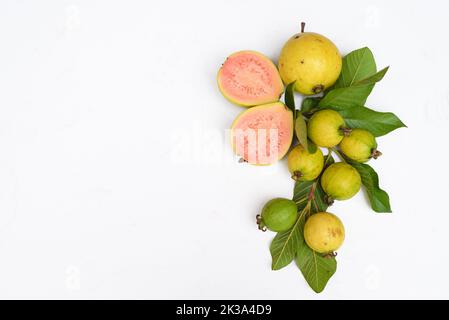 Fruit de goyave mûr avec feuilles sur fond blanc et espace de copie Banque D'Images