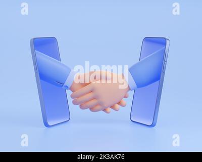 3d effectuez une liaison de rendu via les écrans du smartphone. Contrat ou contrat en ligne. Les hommes d'affaires se secouent la main après une négociation réussie, rencontre distante isolé Illustration dans le style de dessin animé plastique Banque D'Images