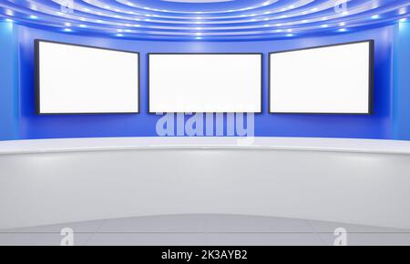 table blanche et arrière-plan lcd dans une salle de studio de news.3d rendu. Banque D'Images