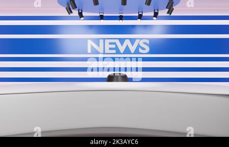 table blanche et arrière-plan lcd dans une salle de studio de news.3d rendu. Banque D'Images