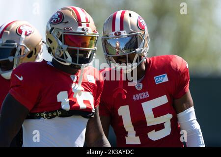 22 septembre 2022 ; Santa Clara, Californie, États-Unis; le receveur des 49ers de San Francisco Jauan Jennings (15 ans) lors des entraînements au SAP performance Center à côté du Levi’s Stadium. (Stan Szeto/image du sport) Banque D'Images