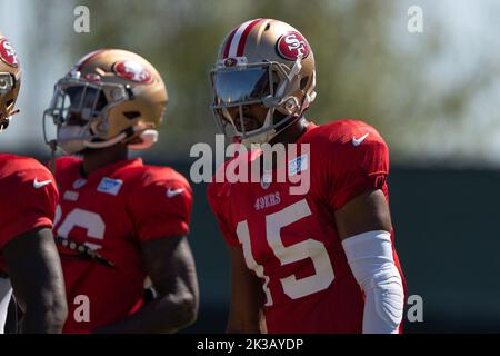 22 septembre 2022 ; Santa Clara, Californie, États-Unis; le receveur des 49ers de San Francisco Jauan Jennings (15 ans) lors des entraînements au SAP performance Center à côté du Levi’s Stadium. (Stan Szeto/image du sport) Banque D'Images