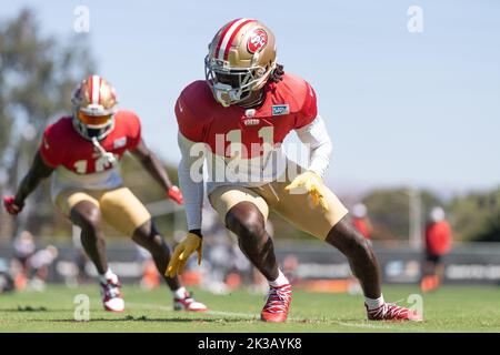 22 septembre 2022 ; Santa Clara, Californie, États-Unis; Brandon Aiyuk (11 ans), le récepteur 49ers de San Francisco, lors des entraînements au SAP performance Center, à côté du Levi’s Stadium. (Stan Szeto/image du sport) Banque D'Images