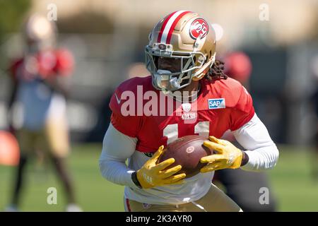 22 septembre 2022 ; Santa Clara, Californie, États-Unis; Brandon Aiyuk (11 ans), le récepteur 49ers de San Francisco, lors des entraînements au SAP performance Center, à côté du Levi’s Stadium. (Stan Szeto/image du sport) Banque D'Images