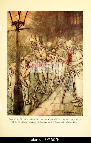 Bob Cracchit descendit un toboggan sur Cornhill, au bout d'une allée de garçons, vingt fois, en l'honneur de son être la veille de Noël illustré par Arthur Rackham du livre ' A Christmas carol ' par Charles Dickens, Date de publication 1915 Editeur Londres : William Heinemann ; Philadelphie : J.B. Lippincott Co Banque D'Images