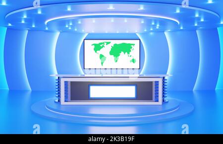 table blanche et arrière-plan lcd dans une salle de studio de news.3d rendu. Banque D'Images