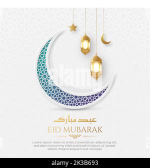 EID Mubarak arabe islamique élégant blanc et doré luxueux décor ornemental avec motif islamique et ornements lanternes décoratifs Illustration de Vecteur