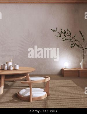 Salle de cérémonie de thé Japandi maquette dans les tons blanc et beige, style japonais. Table et chaises, tatami. Décoration intérieure japonaise minimaliste Banque D'Images