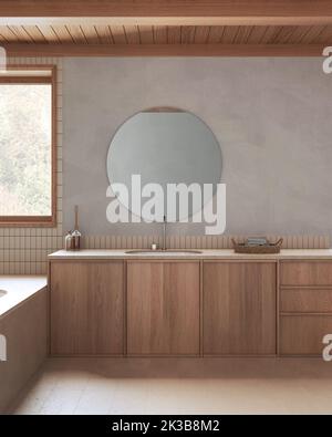 Salle de bains Japandi minimaliste dans des tons blancs et beiges. Lavabo en marbre et bois, miroir et baignoire. Décoration intérieure de la ferme Banque D'Images