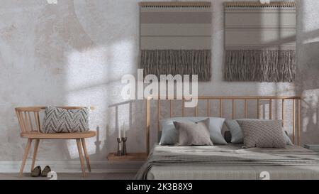 WABI chambre sabi dans les tons blanc et beige gros plan avec art mural macrame et papier peint. Mobilier en bois, moquette et lit double. Japandi intérieur de Banque D'Images