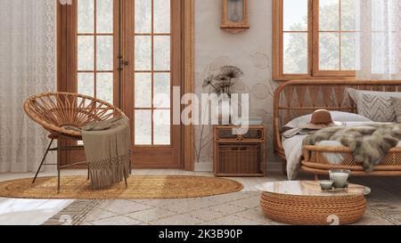 Cette élégante chambre de style boho dispose d''un lit en rotin et d''un mobilier en bois. Moquette jute et décors dans les tons blanc et beige. Papier peint vintage, interio bohémien Banque D'Images