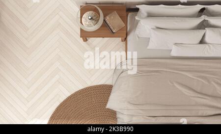 Cette chambre en bois de la ferme est de style boho, dans des tons blancs et beiges. Parquet à chevrons et tapis en jute rond. Vue de dessus, plan, ci-dessus. vint. Bohemian Banque D'Images