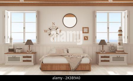 Style marin, chambre avec lit en bois et commode dans des tons blancs. Fenêtres panoramiques avec paysage de mer. Parquet et plafond à poutres apparentes. Entrée nautique Banque D'Images