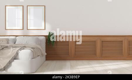 Chambre design intérieur arrière-plan avec espace de copie, panneau en bois avec volets, mur en plâtre dans les tons blancs avec maquette de cadre. Lit avec couverture, parqu Banque D'Images