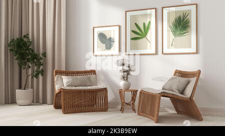 Salon contemporain aux tons blancs. Fauteuils en rotin avec oreillers, rideaux, échelle en bois et plantes en pot. Cadre et parquet, vue avant Banque D'Images