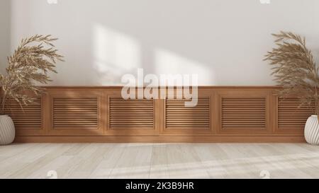 Chambre vide design intérieur, table en bois, armoire, panneau ou étagère avec volets. Vases avec plantes sèches. Parquet, mur en plâtre blanc avec cop Banque D'Images