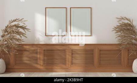 Chambre vide design intérieur, table en bois, armoire, panneau ou étagère avec volets. Vases avec plantes sèches. Parquet, mur en plâtre blanc avec fra Banque D'Images