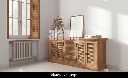 Séjour rétro avec parquet peint en blanc et murs. Commode en rotin avec décor. Maquette d'image. Fenêtre avec volets et radiateur. Vint Banque D'Images