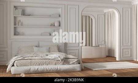 Chambre et salle de bains néoclassiques dans des tons blancs et beiges. Lit moderne, baignoire sur pied, murs voûtés et rideaux. Murs moulés et parquet. C Banque D'Images