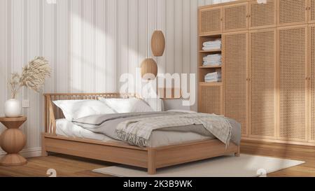 Chambre en bois scandinave dans des tons blancs et beiges, lit double avec oreillers, couette et couverture, papier peint à rayures, armoire en rotin, lampes suspendues et Banque D'Images