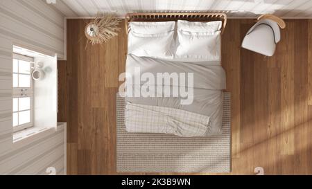 Chambre en bois scandinave dans des tons blancs et beiges, lit double avec oreillers, couette et couverture, papier peint à rayures, fenêtre et parquet. Vue de dessus, pla Banque D'Images