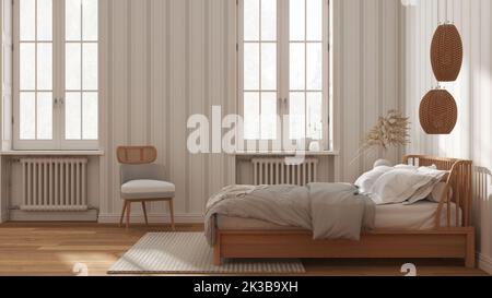 Chambre en bois scandinave dans des tons blancs et beiges, lit double avec oreillers, couette et couverture, papier peint rayé, fenêtres avec radiateurs, parquet. Banque D'Images