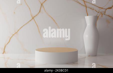 cylindre en bois et vase dans la salle blanche de studio.3d rendu. Banque D'Images