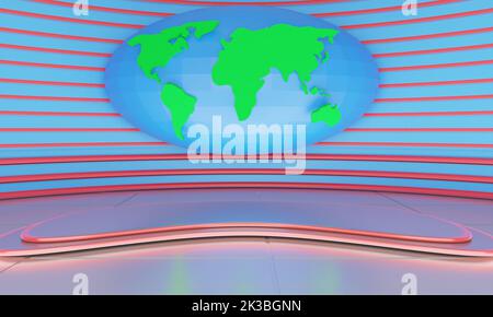 fond de plan du stand et de la carte du monde dans la salle de studio de nouvelles.3d rendu. Banque D'Images
