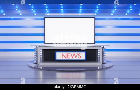 table blanche et arrière-plan lcd dans une salle de studio de news.3d rendu. Banque D'Images