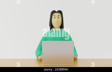 femme souriante avec un ordinateur portable sur une table en bois, caricature femme d'affaires personnage discutant sur l'ordinateur.3d rendu. Banque D'Images