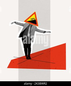 Collage d'art contemporain. Homme avec une pente raide vers le bas, signe de route, marcher avec précaution, attention Banque D'Images
