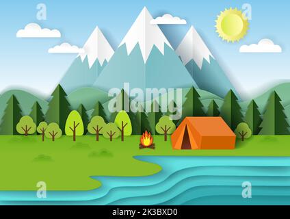 Arrière-plan de camping d'été avec forêt, montagnes, lac, feu de camp et tente. Illustration vectorielle en style papier. Illustration de Vecteur