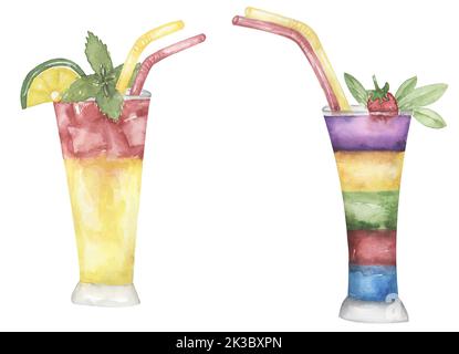 Watercolor hand drawn cocktail illustration set. Beverages clipart for menu, card, postcard, banner, poster. Food and drink print Stock Photo