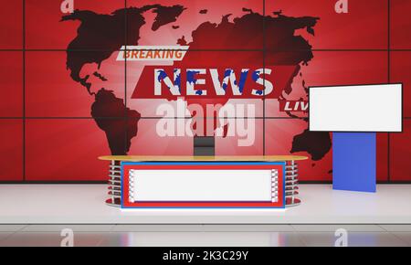 table en bois sur support avec fond d'écran led dans la salle de studio d'informations rouge.3d rendu. Banque D'Images