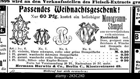 Weihnachtsgeschenk, Monegrammstempel, Firma Hurwitz, Berlin, 1890, Deutschland / Publicité cadeau de Noël correspondant, timbre monogramme, société Hurwitz, Berlin, 1890, Allemagne, Historisch, digital restaurierte Reproduktion einer Originalvorlage aus dem 19. Jahrhundert, genaues Originaldatum nicht bekannt / historique, numérique reproduction améliorée d'un original du 19th siècle, Banque D'Images