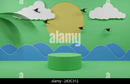 podium vert avec fond de plage.3d rendu. Banque D'Images