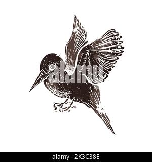 Petit oiseau volant de style rétro en linocut, silhouette vintage d'oiseau sur blanc Illustration de Vecteur